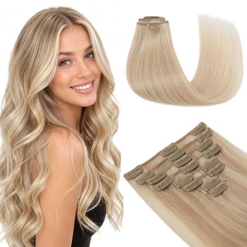 Elailite Clip in Human Hair Extensions Real Natural Hair 8 Pieces Thin Weft Remy Hair Straight - #16/22 Pale Brown Mix Champagne - 20 Inch (70 g)