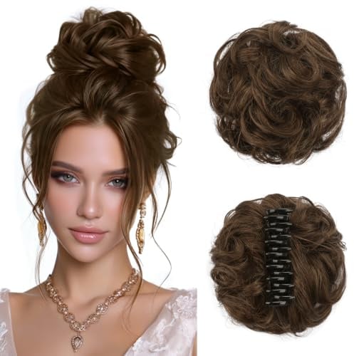 Sofeiyan Messy Bun Haarteil mit Klammer 100% Haarteile Echthaar Dutt Gewelltes Locken Clip in Claw Hair Scrunchies für Damen,Schokoladenbraun Zerzauste Echtes Haar Chignon