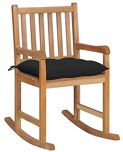 Frdhee Hochlehner Gartenstuhl, Schaukelstuhl mit Schwarzem Kissen Massivholz Teak Gartengarnitur Set für Garten, Wohnzimmer, Hof, Terrasse und Balkon