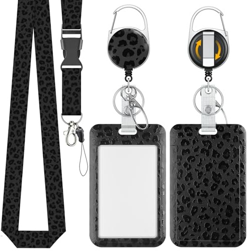 Uniclife Modische Sliding Ausweishülle Schwarz Leopard Muster Kunststoff Kartenhalter mit Einziehbaren Badge Reel Karabiner abnehmbare Lanyard Karte Schutz für Büroangestellte Krankenschwester Lehrer