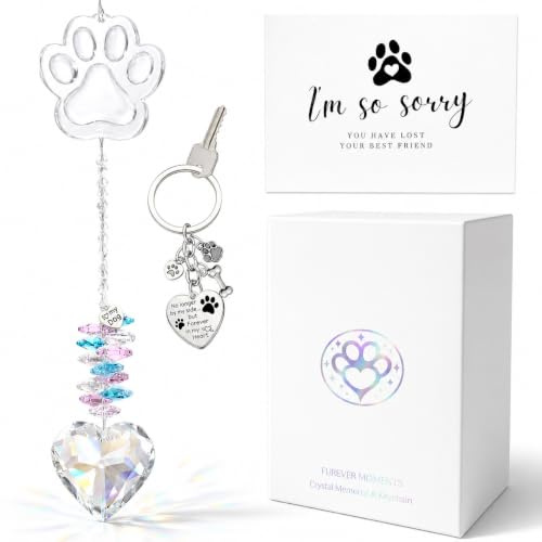 Sonnenfänger Tier-Gedenkstätte - Trauergeschenk für Verlust von Hund, 33 cm Kristall-Fensterdeko mit Pfoten-Schlüsselanhänger, Beileidskarte (auf Englisch) & Geschenkbox