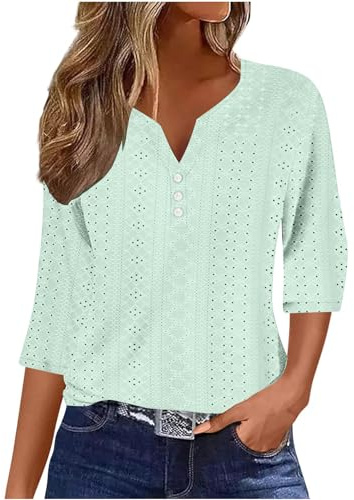 Summer Tops for Women UK - Ladies Blouses Elegant Going Out Eyelet Embroidery Three Quarter Sleeve Tops Hollow Out Casual Business Outfits Tunic Tees Button 3/4 Sleeve V-Neck T-Shirts