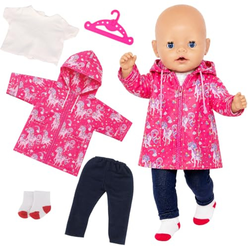 Puppenkleidung 35–45 cm, 5-teiliges Regen Outfit mit Wasserdichter Rosenroter Pony Jacke, T-Shirt, Dunkelblauer Hose, Socken & Kleiderbügel, Puppen Kleidung Set (Ohne Puppe)