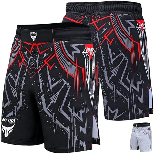 Mytra Fusion Shorts MMA Homme Shorts de Combat Cage Fighting pour Musculation, Kickboxing, Entraînement BJJ Grappling Workout Sports de Combat Muay Thai et Arts Martiaux (Noir/Rouge, XXL)