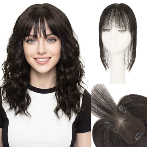 SEGOHAIR Echthaar Hair Topper für Frauen mit Wispy Pony Handgebundene 3,54 x 4,72 Lace-Basis-Haarteil mit 3 Clips einfaches Clip-in leichte atmungsaktive Basis #1B Natürliches Schwarz