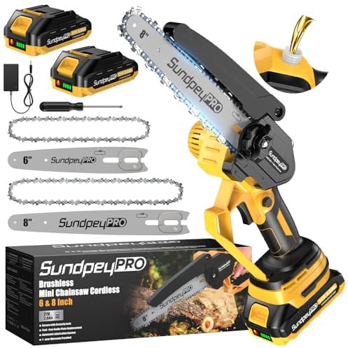 Mini Motosierra Bateria 8 y 6 Pulgadas, 21V Sin Escobillas Sierra Electrica podar Arboles con 2 x 2.0Ah Bateria, Ajuste Sin Herramientas, Minimotosierra para Jardinería