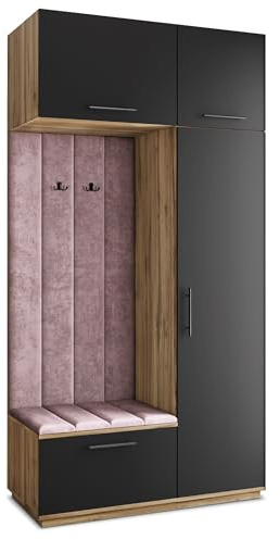 Masseno Flugarderoben Set Rema, Kleiderschrank-Set mit Sitzbank, Garderobenschrank Flur mit 5 Regalböden, Eiche Wotan/Schwarz