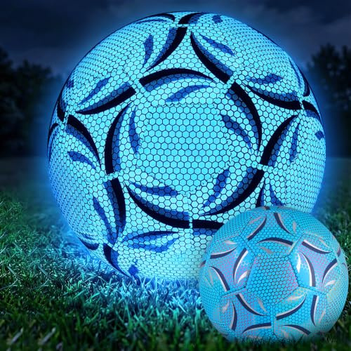 TranRantic Leuchtender Fußball, Fußball Leuchten im Dunkeln Größe 5(Blau) | Reflektierender Fussball mit Pumpe für Nachtspiele Training, Sport Leuchtfußball für Erwachsene mit, Ideale Geschenke