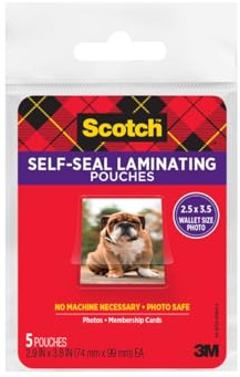 Scotch Self-Sealing Laminating Pouches, Glossy Finish, Wallet Photo Size 2 1/2 in x 3 1/2 in, 5 Pouches
