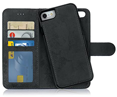 MyGadget Flip Case für iPhone SE 2022 | 2020 | 7 | 8 - [ abnehmbare Magnet Hülle ] - Handyhülle aus Kunstleder - [ Klapphülle mit Kartenfach ] Schutzhülle in Grau Schwarz