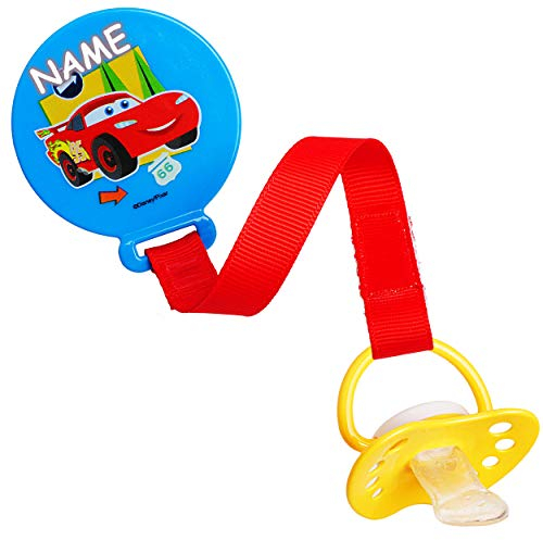 alles-meine.de GmbH Schnullerkette/Schnullerhalter - mit Clip & Stoffband - Cars - Auto - Lightning McQueen - inkl. Name - BPA frei - Klett - blau Kette - Stoff - Schnuller - S..