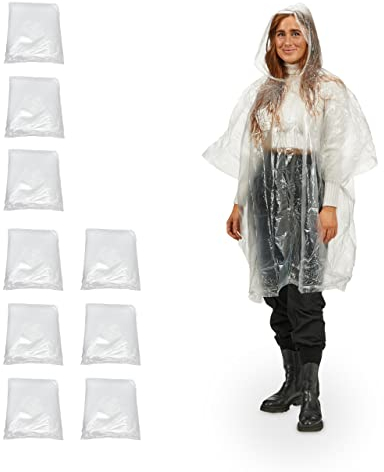 10 x Regenponcho, Regenumhang mit Kapuze, Einweg Regencape für Erwachsene, Unisex Regenschutz, PE, transparent