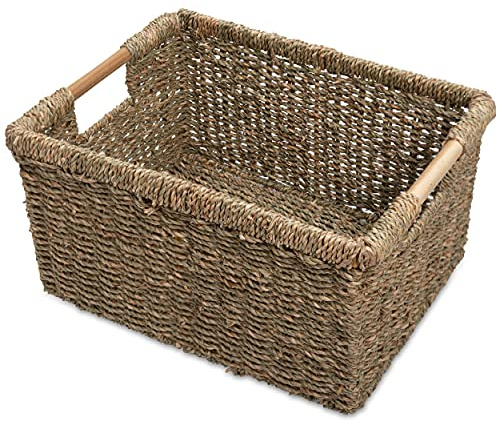 Großer Weidenkorb mit Holzgriffen, Seegraskorb für Regale, natürlicher Weidenkorb mit Griff zur Aufbewahrung, 36,8 x 26,2 x 19,1 cm