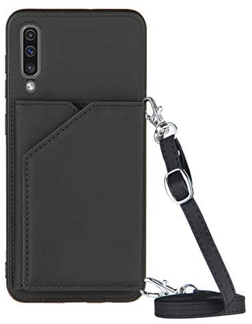 PekaTech Coque avec Cordon pour Samsung Galaxy A50 / A30S / A50S, PU Cuir Silicone Cover avec Fente pour Carte Tour de Cou Lanière, Slim Necklace Case Anti-Choc Bumper Etui Housse & Collier, Noir