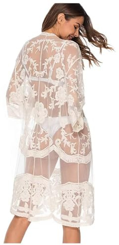 Shuanghao Tunique Tenue Pareo Paréo Kimono Robe Caftan Kaftan Cache Maillot de Bain Femme de Plage Ete Long Dos Nu Noir Blanc Gilet Dentelle Grande Taille Boho Crochet Mousseline Femme été ¨¦t¨¦ Sexy