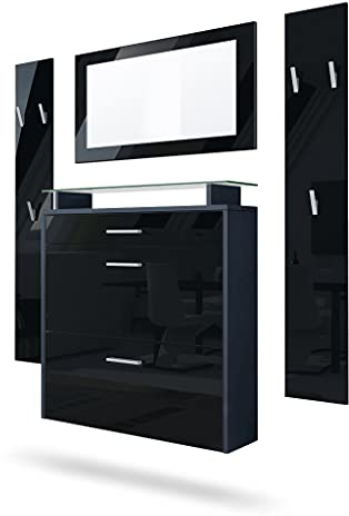 Vladon Garderobe Malea, Garderobenset bestehend aus 1 Hängeschuhschrank, 1 Wandspiegel und 2 Garderobenpaneele, Anthrazit matt/Schwarz Hochglanz