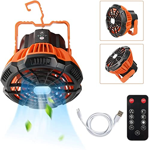 Ventilador USB para Camping, Ventilador Solar de Techo Recargable de 3 Velocidades Regulable Ventilador de Mesa con Luz LED Mando a Distancia 3 Brillos de Iluminación Gancho Plegable