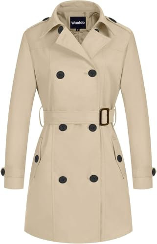 Wantdo Femme Trench-Coat à Double Boutonnage Ceinture Coupe-Vent à Bouton Veste Coupe Ajustée Manteaux Epaulettes d'Epaule Kaki-2X 40