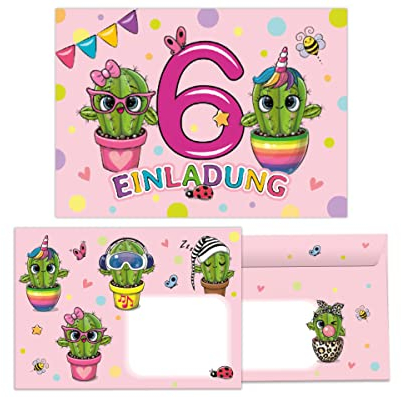 Junapack 12 Einladungskarten incl. 12 Umschläge zum 6. Kindergeburtstag Einladung zum sechsten Geburtstag Mädchen Kaktus