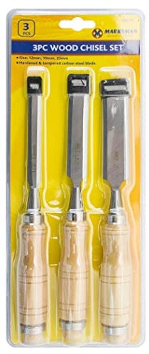 3Pc Carpenters Wood Chisel Set - Workshop Hand Tool, Precise, Impact Resistant Grip Handles | Ideal for Carving & Woodworking Projects | Durable Steel Blade