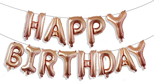 Lingqiang Happy Birthday Banner Balloon Rose Gold, 16 Inch Self Inflating Foil Balloon Bunting, Reusable Letter Balloons for Girls Women Birthday Party Decor Supplies