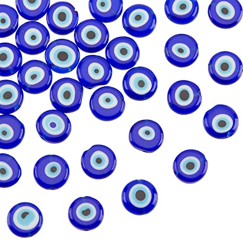 NBEADS 33 Cuentas de Cristal de Mal de Ojo, 12mm Cuentas de Murano Azules Hechas a Mano, Abalorios Planos Redondos de Mal de Ojo Turco, Cuentas espaciadoras para joyería, Collar y Pulsera