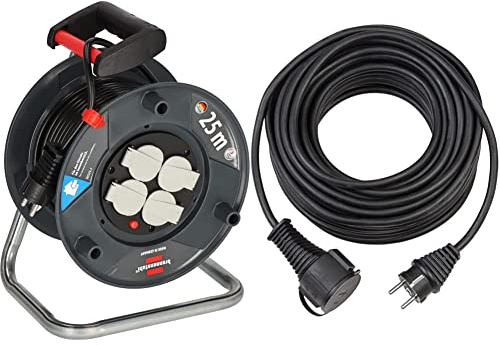 Brennenstuhl Garant V2 Kabeltrommel (25m Kabel in schwarz, Made in Germany, Einsatz im Innenbereich) & Qualitäts-Gummi-Verlängerungskabel 10m (IP44, Kabel für außen) schwarz