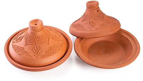 LUKSYOL Tajin marocain fait à la main : Marmite en terre cuite authentique pour marocain, indien, mexicain et méditerranéen 2 pièces Petit format