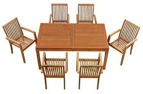 Kai Wiechmann Teak Sitzgruppe 6 Stapelstühle 1 Teak Tisch ausziehbar 165 x 90 cm modern Premium Set