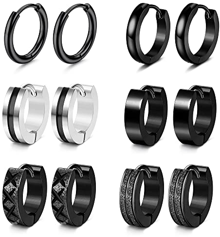 Adramata 6 Coppie Orecchini Uomo Cerchio Acciaio Chirurgico Orecchini Set Punk Orecchino Uomo Cartilage Helix Orecchini Piercing Orecchini Cerchio Piccoli Nero Orecchini Uomo Donna