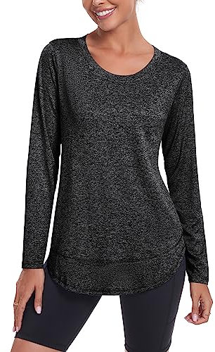 Deaviya Womens Long Sleeve Sports Tops UK, Sport Yoga T-Shirt Workout Running Tops, Crew Neck Quick Dry Golf Activewear Ladies Gym Sports Top, 3XL,Black