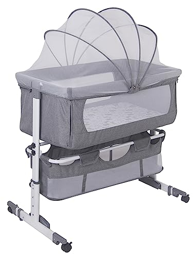 Baiyun Beistellbett Baby, 2 in 1 Babybett und Babywiege, Kinderbett mit Rollen, Moskitonetz, Lagerungstasche und Matratze, Höhenverstellbar Struktur aus Aluminiumlegierung (Modell 1 Grau)