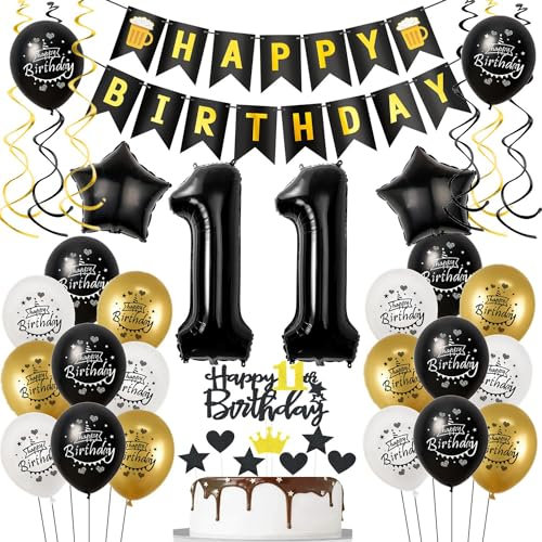 Luftballons 11. Geburtstag Schwarz Golden, Geburtstagsdeko 11 Jahre Junge mädchen, Ballon 11. Geburtstag, Folienballon Zahl 11, deko 11. geburtstag mädchen, Tortendeko 11 Junge Deko