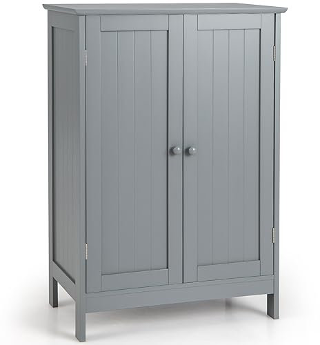 COSTWAY Bathroom Floor Cabinet, Freestanding Storage Cupboard with Adjustable Shelves, Wooden Side Cabinet Organizer Unit for Bathroom Living Room Hallway (Grey)