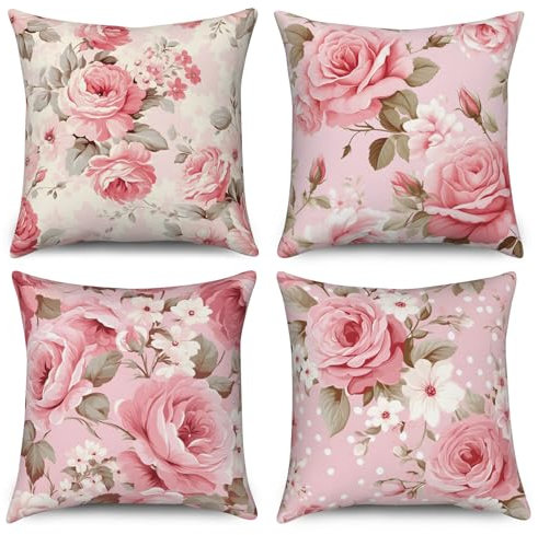 ASDCXZ Blumen Kissenbezug 60x60 cm 4er Set, Vintage Weiß Rose Blumen Blätter Sofa Dekokissen Kissenbezüge Kissenhülle Waschbar Polyester Flachs Textil Outdoor Kopfkissenbezug Kissen Bezug
