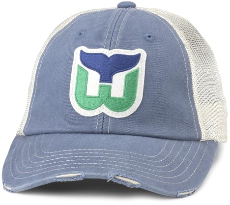 AMERICAN NEEDLE Offiziell lizenzierte NHL Hockey Orville Teammütze, Distressed, Dad Cap, verstellbar, authentisch, Hartford Whalers (Stahlblau/Stein), Einheitsgröße