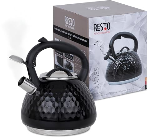RESTO Flötenkessel, Wasserkessel mit 3D-Design - Wasserkocher mit mehrschichtigem Kapselboden – Pfeifenkessel 2,7 Liter für alle Herdarten / (Schwarz)