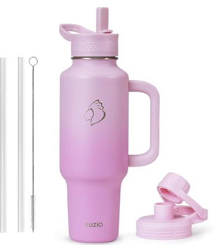 BUZIO Botella de agua de 40 onzas que cabe en el portavasos, vaso aislado con asa, termo de agua de doble pared con tapa para frío caliente, sin BPA, a prueba de sudor, botella de agua de boca ancha,
