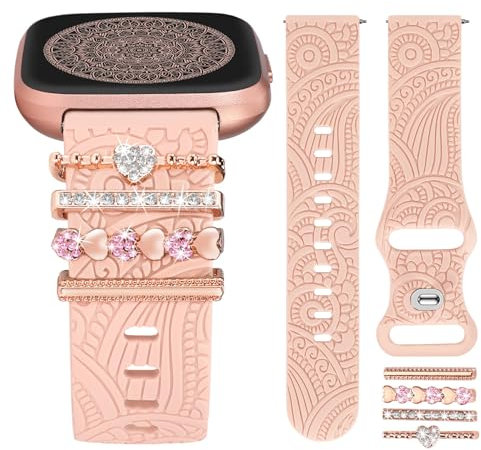 TOYOUTHS Floral Gravierte Armband mit Dekorative Charme kompatibel mit Fitbit Versa 2/Fitbit Versa/Versa Lite Armband Damen Boho Sport Silikon Armbänder mit Dressy Versa 2 Ring Loop, Rose/Love