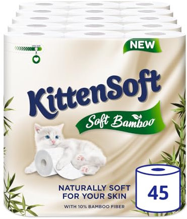 Regina KittenSoft Soft Bamboo - 45 Rolls of Toilet Tissue 3 Ply, 160 Sheets, Naturally Soft For Your Skin, Toilet Tissue made with Bamboo Fibres, 30% PCR Plastic Packaging, FSC Certificated