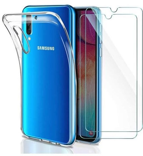 HQ-CLOUD® Coque pour Samsung Galaxy A50 Transparente Silicone en Gel TPU Souple + 2 Verre trempé Film Protection écran - Anti Rayures - Ultra Résistant Dureté 9H