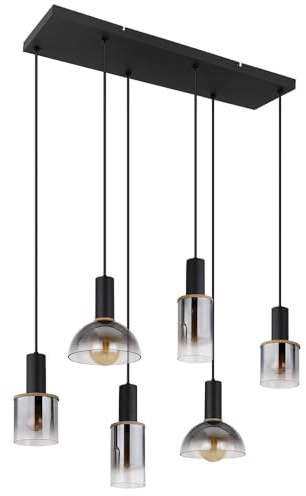 Globo Pendelleuchte Hängelampe Esszimmerleuchte Wohnzimmerlampe, Metall Glas rauchfarben, 6x E27 Fassungen, LxBxH 77x33x120 cm