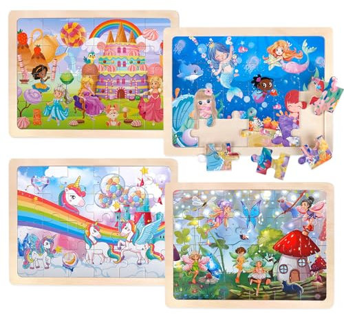 Jigsaw Puzzles Wooden Puzzles for Girls Ages 3-6, 4 Packs 24 Piece Unicorn Mermaid Princess Fairy Puzzle Preschool Educational Puzzle Toys, Montessori Gifts for 3 4 5 6 Year Old Girls Boys