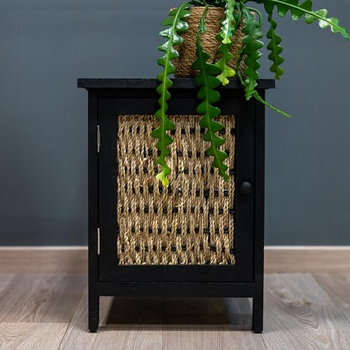 DARO DEKO Holz und Seegras Nachtschrank 33 x 43cm schwarz braun Beistell-Schrank Nachttisch Regal