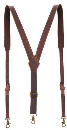 Tourbon Genuine Leather Suspenders for Men Heavy Duty Y Back Design Adjustable Straps with 3 Metal Snap Hooks, Brown
