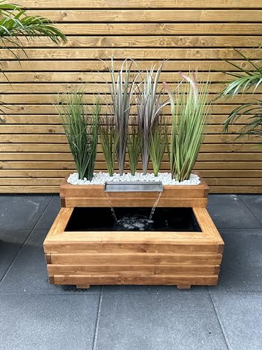 Hochteich für Garten, Terasse oder Balkon | Miniteich aus Massivholz inkl. Wasserfall, Pumpe und Pflanzbeet | Fertigmontiert, kein Aufbau nötig | Einfache Gestaltung