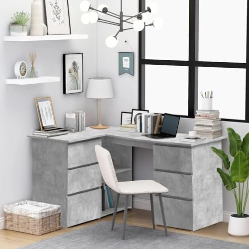 ARKEM Bureau d'angle Gris béton 145x100x76 cm Aggloméré, Bureau avec Rangement, Moderne, Pour Écriture, Travail