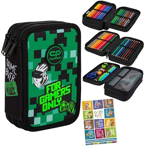 Goldkids - Federmäppchen 3 Fächer - Mäppchen für Mädchen und Jungen - Federmappe 3-Fach Federtasche Gefüllte Schüleretui 46-teilig - Schulmäppchen und Hausaufgabenheft - Game Zone Motiv