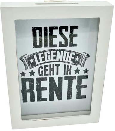 WB wohn trends Spardose Geldgeschenk, Diese Legende geht in Rente, 19,5x14,5x3cm, Holz weiß, im Bilderrahmen