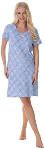 Camille Womens Nightdresses Smooth Soft 100% Cotton - Short Sleeved Breathable & Lightweight Summer Nighties - Blue Diamond - 18-20